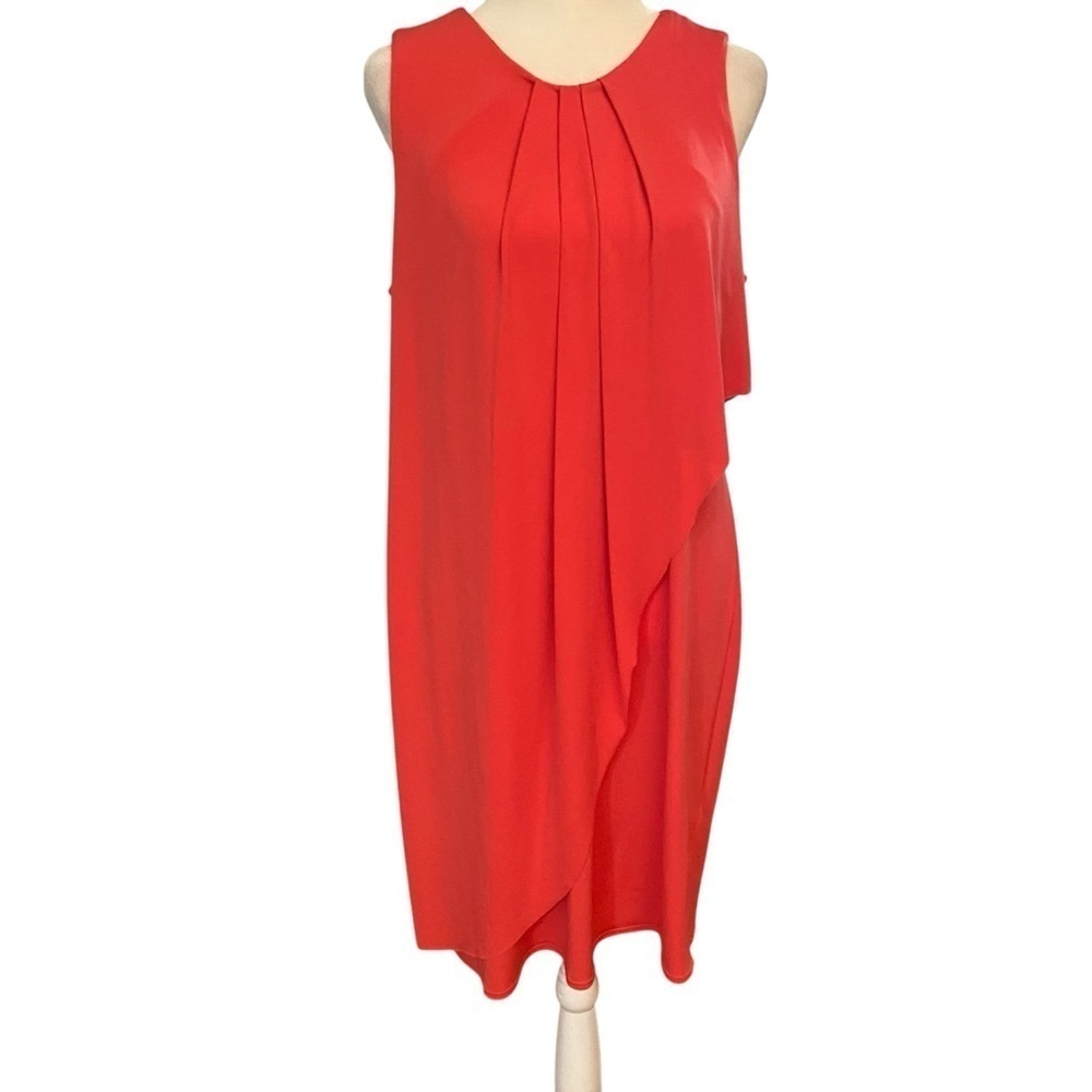 London Times Ruched Collar Drape Shift Dress Size 12 Salmon Sleeveless Church
